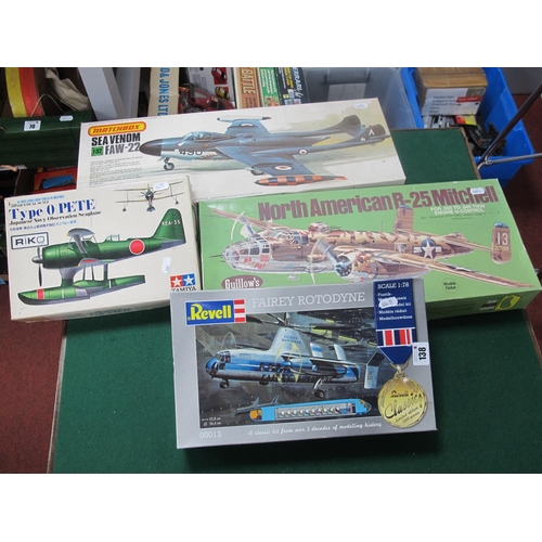 138 - Four Plastic Balsa Wood Model aircraft, Helicopter Kits by Matchbox, Guillow's, Revell, Tamiya, incl... 