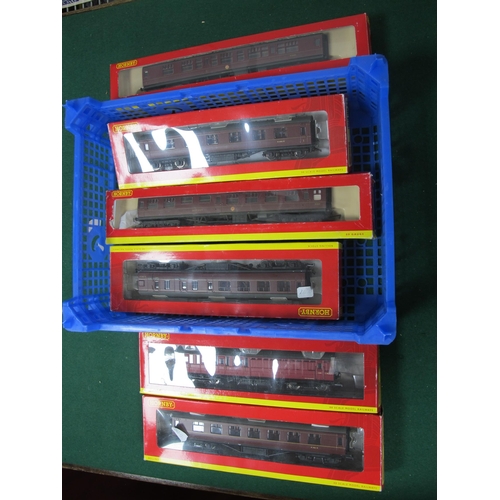 204 - Six Boxed Hornby 'OO' Gauge BR Maroon Rolling Stock  Items, to include #R4236 BR (Ex LMS), corridor ... 