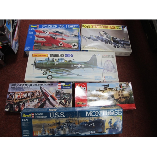 216 - Six Plastic Model Kits by Revell, Italeri, Matchbox, Airfix, all with a military theme, including Ma... 