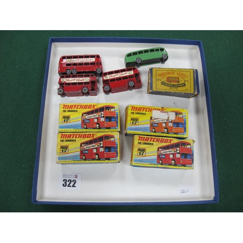 322 - Eight Matchbox Diecast Model Buses, to include No. 56 London Trolley Bus 'Drink Peardrax', red body,... 