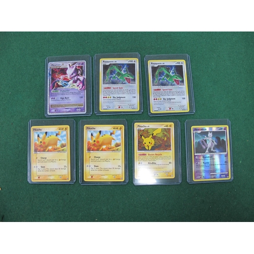 405 - Seven Pokemon Trading Cards , Rayquazza 14/146 x2, Pikachu 94/123 and 57/108 x2, Mewtwo 11/146 and D... 