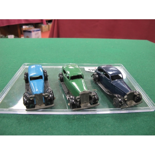 416 - Three Dinky Toys Diecast Model Cars, comprising of No 36A Armstrong-Siddeley, blue/black, No 30C Dai... 