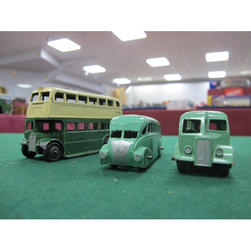 422 - Three Dinky Toys Diecast Model Buses, comprising of 29B Streamlined bus, two tone green 29E single d... 