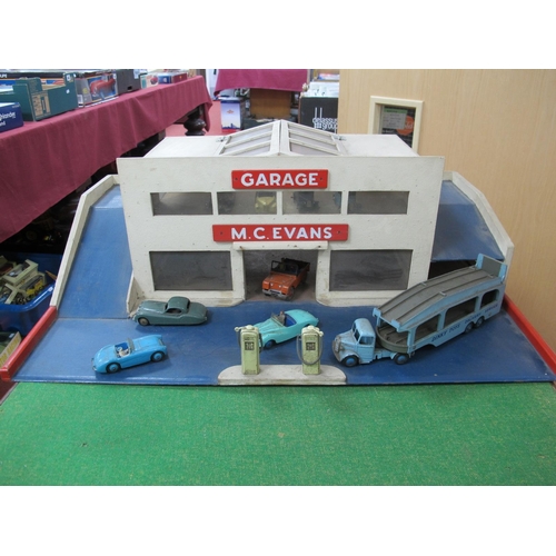 69 - A Scratch Built Wood Construction Two Storey Garage, with loading for a Dinky Car Transporter, two p... 