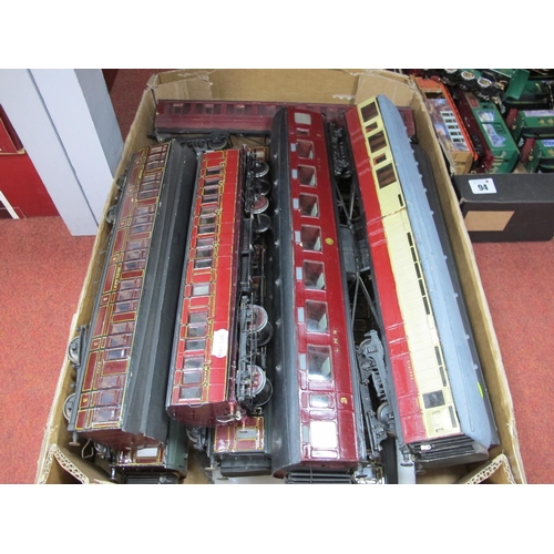 93 - Eight 'O' Gauge/7mm Kit Built Eight Wheel Bogie Coaches, L.M.S maroon Surbuban and Mainline, mainly ... 