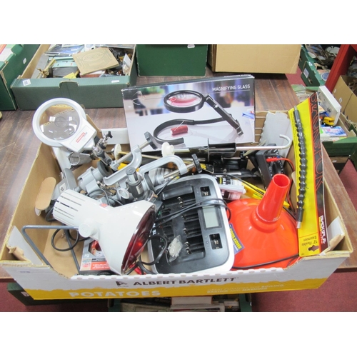 1063 - A Quantity of Tools and Electronics, to include Tacon microscope, magnifying glasses and Tronic batt... 