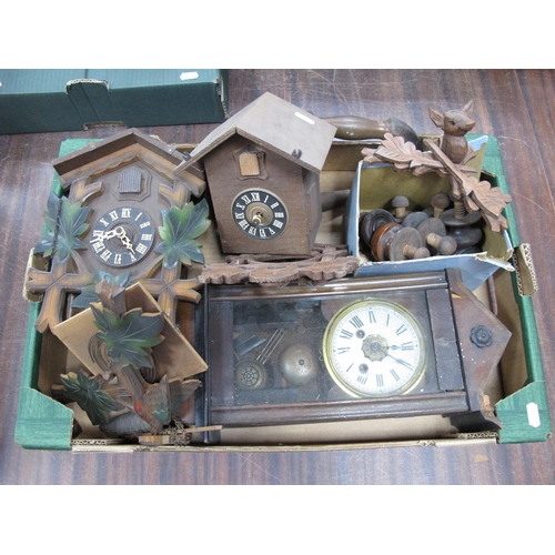 1080 - Two Wooden Cuckoo Clocks, with weights and carved wooden decoration, with one other clock, and box o... 