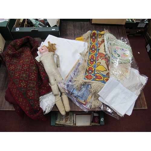 1093 - Two Embroidered Table Thick Covers, white linen, crochet work, doilies, mats, damaged doll.