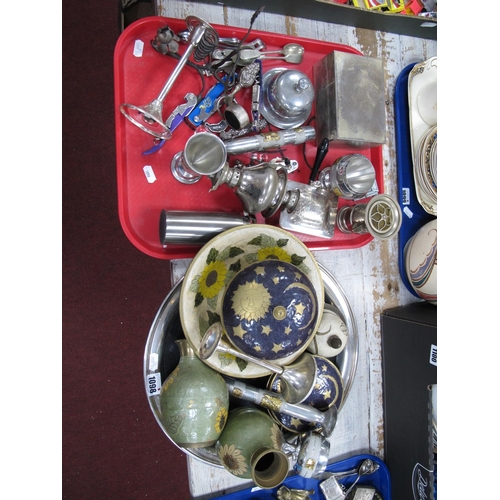 1098 - Desk Bell, candlesticks, Cloisonne ware, etc:- Two Trays