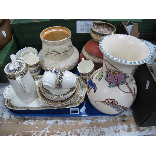 1099 - Meakin Coffee Set, Burleigh Art Deco vase, 16cm high, Honiton vase and mottled jug:- One Tray.