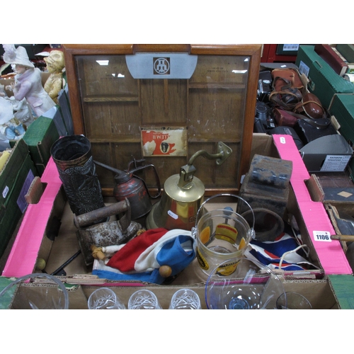 1106 - Brass Bell, Nautical flag, cigar case, trench art, brass shell, oil can, flat iron etc:- On Box.