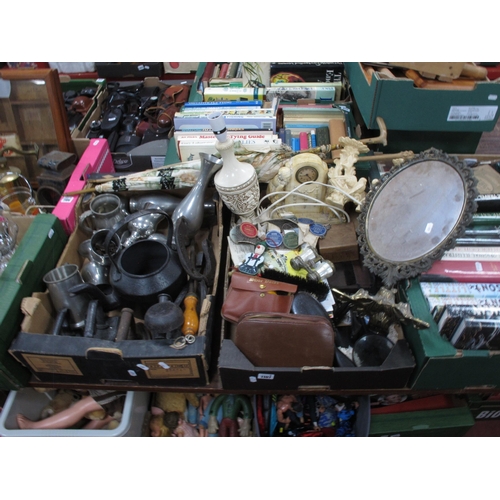 1107 - Cast Iron Teapot, keys, flat irons, mirror, parasols, etc:- Two Boxes.