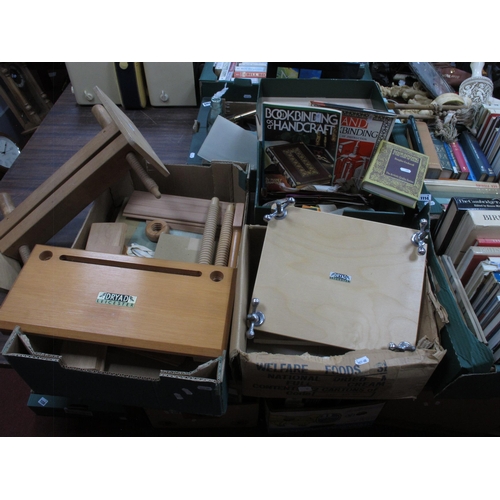 1113 - Three Book Binding Presses, one Russell Bookcrafts Litchin, two Dryad Leicester, a box of loose asso... 