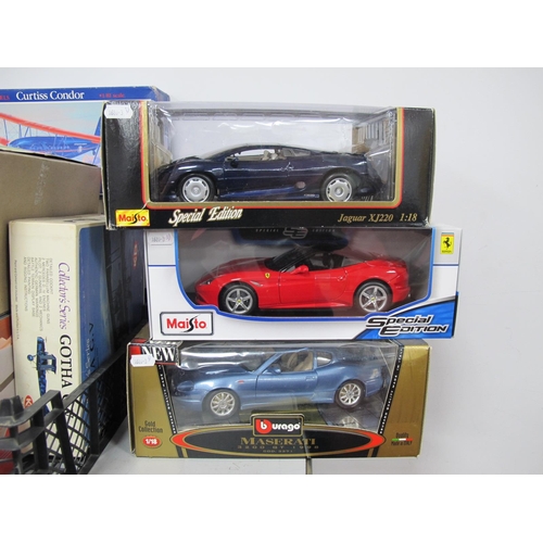 512 - Three 1:18th Scale Diecast Model Vehicles, comprising of Maisto #31807 Jaguar XJ220, #46629 Ferrari ... 