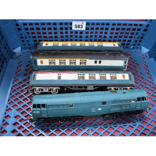 583 - Triang 'OO' Gauge 4mm Three Coach Ref Nos R328 and R228 (2), Pullman Set, all overpainted blue and w... 