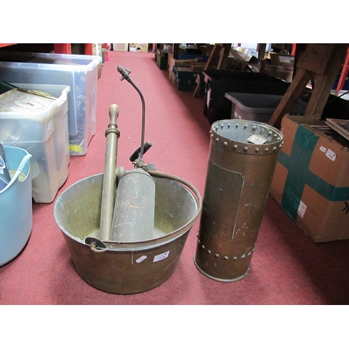 1124 - XIX Century Brass jam Pan, 36cm diameter, with iron loop handle, copper fire extinguisher case, Myst... 