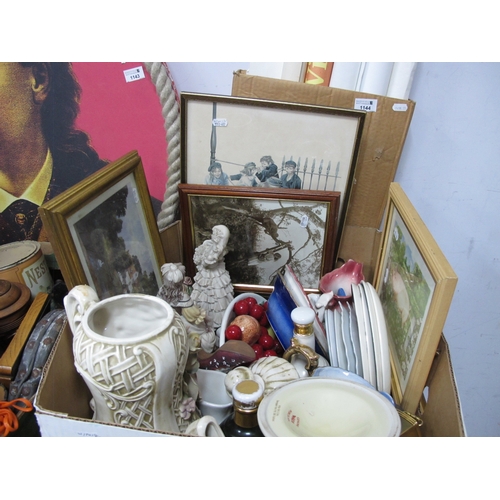 1139 - An oversized novelty Capodimonte teapot, three empty Bells decanters, two Staffordshire jug and bowl... 