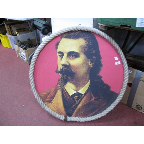 1143 - A large cicular ex. American diner display advert showing a picture of a cowboy 'Billcody' with rope... 