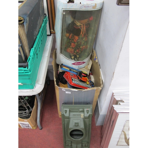 1149 - Mettoy Supertype Tin Plate Typewriter, model cars, chess, dolls, train track etc:- Two Boxes