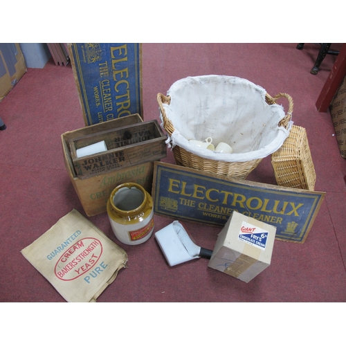 1151 - Miscellaneous collectables including advertising signs and boxes all in a wicker log basket.