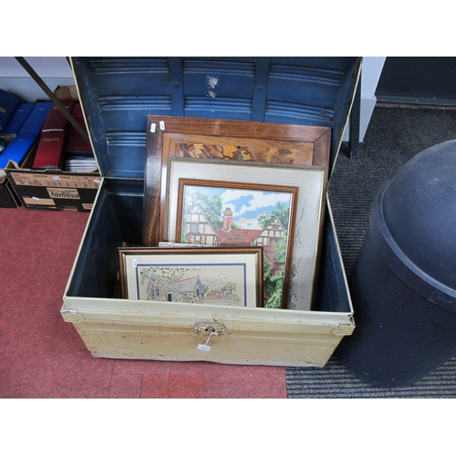 1164 - Framed marquatery picture of African ladies, woolwork pictures in a painted tin trunk.
