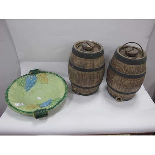 1174 - Two Cider Barrels, 26cm high, 1930's pottery fruit bowl. (3).
