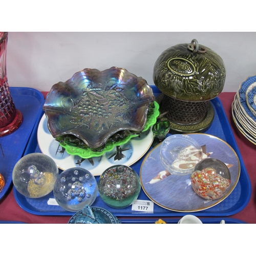 1177 - Mason Cast Squirrel Proof Bird Feeder, carnival dishes, paperweights ceramics etc:- One Tray
