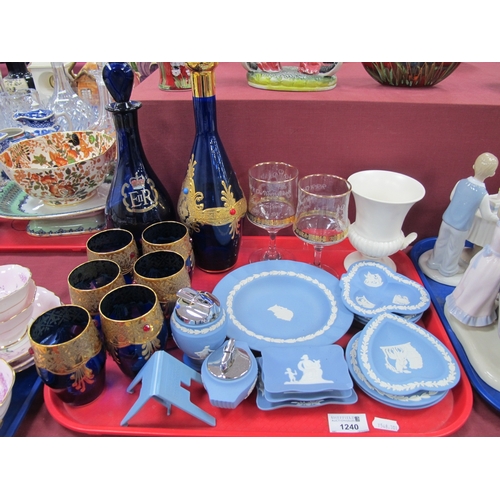 1240 - Wedgwood Powder Blue Jasper Ware, blue glass overlaid drinks set and Royalty decantner etc:- One Tra... 