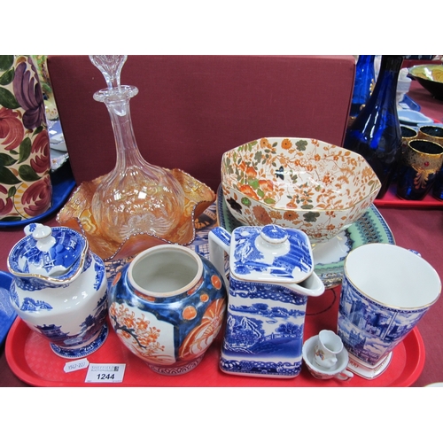 1244 - A XIX century decanter, Rington tea, jugs, plate, cups, Royal Couldron octagonal shaped bar etc. 1 T... 