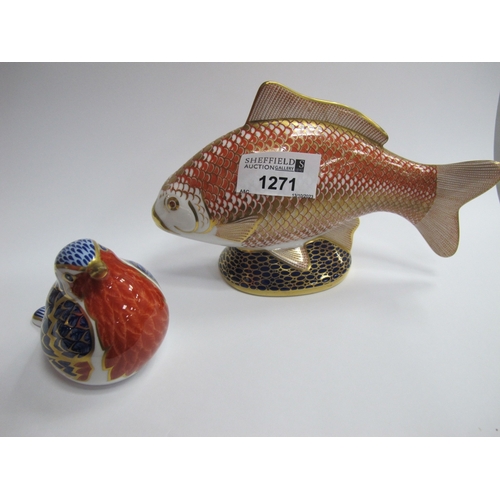 1271 - Royal Crown Derby Perch Paperweight 17.5cm long, plus (chipped) bird.