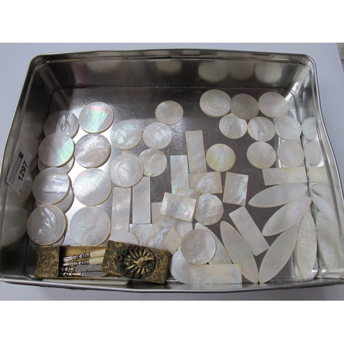 1297 - Oriental Mother of Pearl Gaming Counters Carved with Figures, pagodas and foliage, oval circular and... 