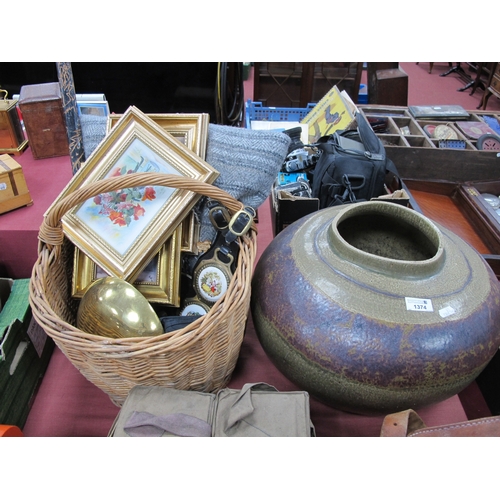 1374 - Horse Brasses, prints, walking cane etc, in basket, large studio pottery bulbouse vase (cracked) 42c... 