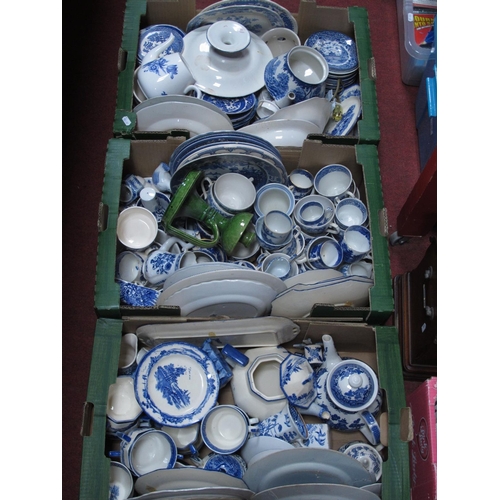 1023 - Blue White Willow, plates, bowls, cup-saucers, etc, teapot, etc:- Three Boxes.