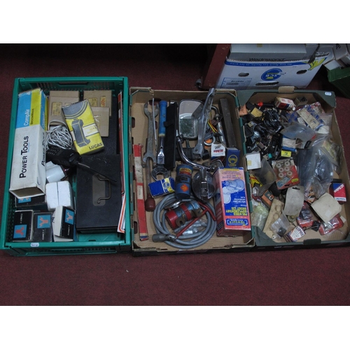 1052 - Three Boxes of Spare Car Parts such as auto lights, rearview mirrors, spark plugs and tools, ie span... 