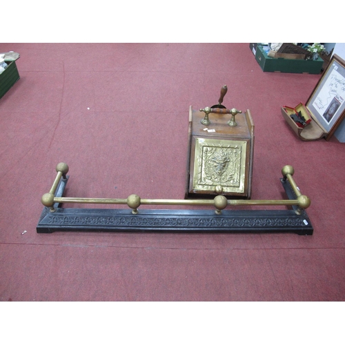 1194 - Late XIX Century Cast Iron Fender, witrh brass top rail, 132cm wide, oak coal box with brass mask pa... 