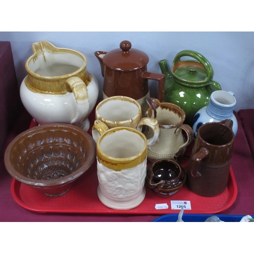 1205 - XIX Century Stoneware Jelly Mould, Lovatt's hot water jug, pottery tankards, etc:- One Try.