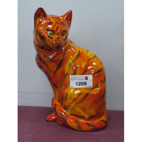 1209 - Anita Harris Fusion Glaze Tiger Effect Cat Figure, gold signed, 20.5cm high.