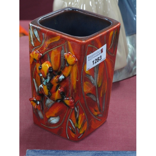 1283 - Anita Harris 'Frog' on Medium Square Vase, gold signed, 14cm high.