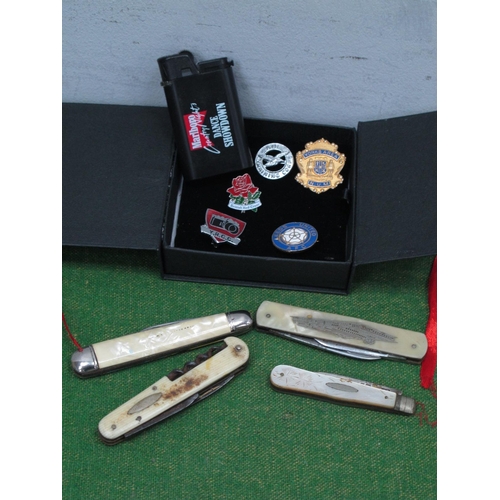 1337 - Mother of Pearl Backed Fruit Knife, with silver knife, three pocket knives, lighter, five badges inc... 