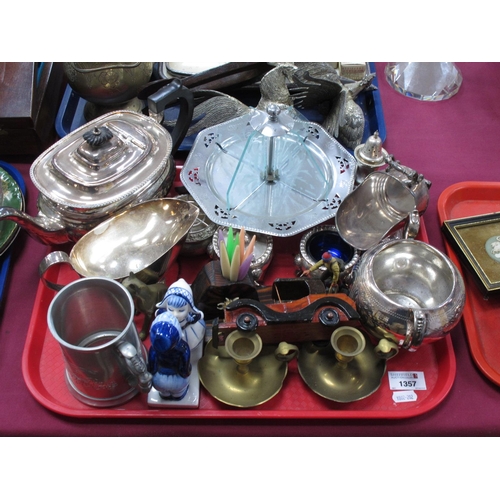 1357 - Plated Teapot, plated gravy boat, cake stand, etc:- One Tray