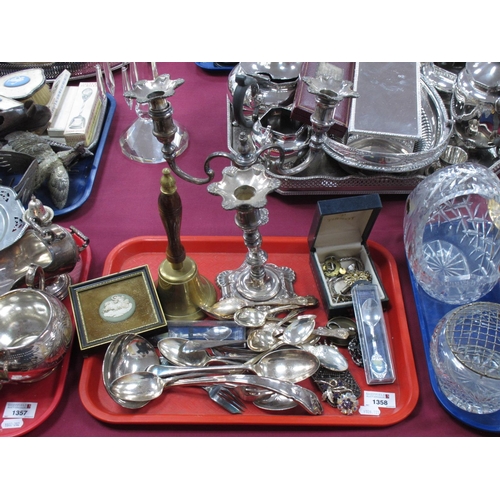 1358 - Candelabra, cutlery, costume jewelry, etc:- One Tray.