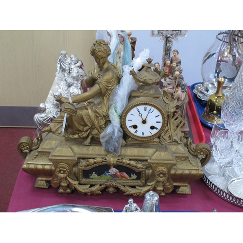 1361 - A Late XIX Century Mantle Clock, the gilt metal case of elaborate rectangular form with a seated lad... 