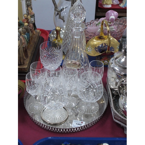 1362 - Cut Glass Decanter with a Sherry Label, Brandy glasses, Sherry glass, on a circular plated tray.