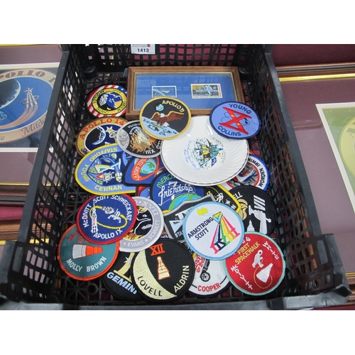 1413 - Space Travel 1969 Moon Landing Dish 12.5cm diameter, two U.S.A framed stamps, 26 mission patches inc... 