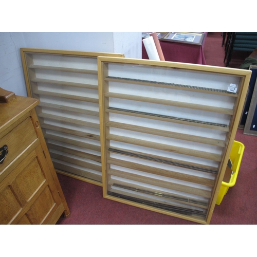 1652 - Pair of Lightwood Wall Display Cases, 72cm x 95cm 7cm deep, with wooden shelves.