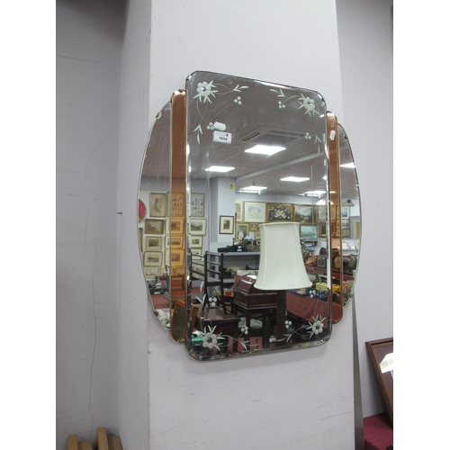 1654 - Art Deco Style Wall Mirror, with floral decoration and twin pink vertical strips, 61cm high, 55cm wi... 