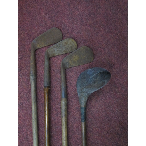 1487 - W. Winton Hickory Shaft Golf Club, and other hickory shaft golf clubs, two-piece snooker cue.