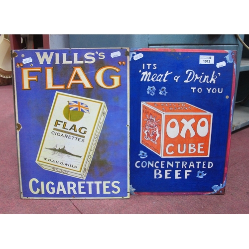 1012 - Two Repro Metal Signs, Will's Flag Cigarettes, together with an Oxo sign (2) 40 x 30cm.