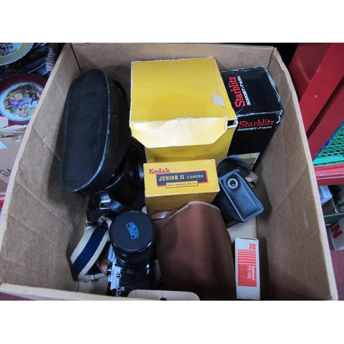 1029 - Chinon 10 x 50 Binoculars, Olympus OM10 camera with Carl Zeiss F=28.70mm lens, Kodak cameras, flashh... 