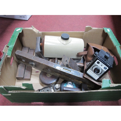 1034 - Chesterman's Tape, plane, spirit level, flat iron, camera, stoneware bed warmer, etc:- One Box